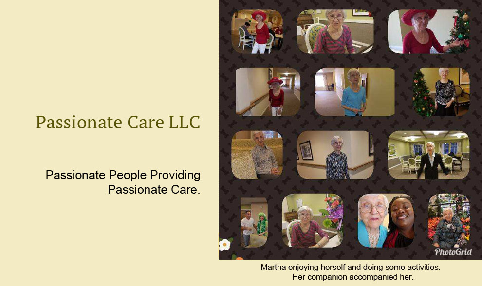 Passionate Care LLC - collage of photos of Martha enjoying herself and doing some activities.  Her companion accompanied her.